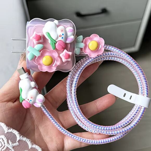 Super Cute Bunny Flower iPhone Charger Cable Protectors P20 - Picture 4 of 6